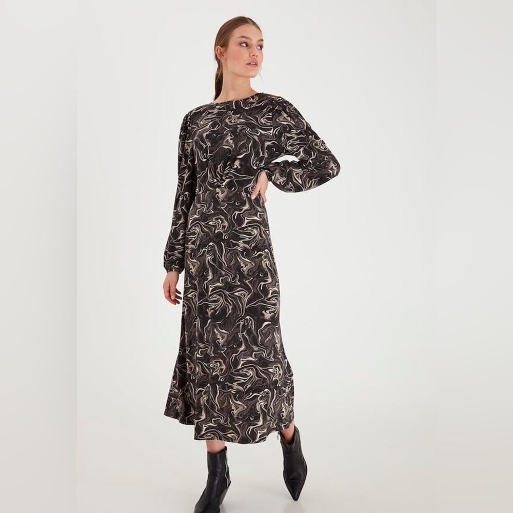ICHI‎ Marble Swirl Midi Dress Size S Black Neutral Abstract Minimal Scandi Artsy